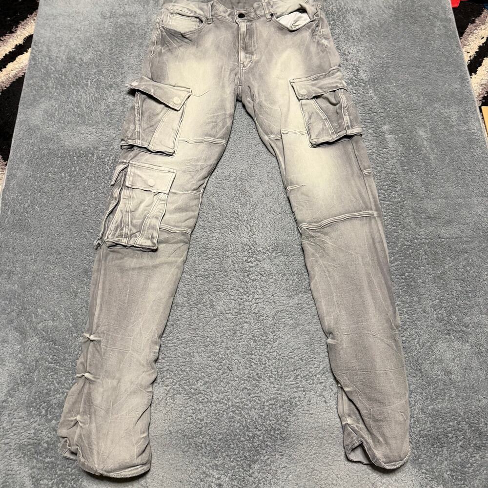 Smoke Rise Jeans Mens 38 (40x39) Gray Washed Multi Pocket Cargo Denim Streetwear